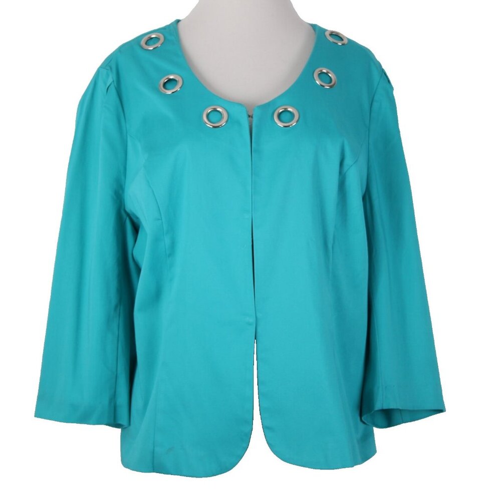 Donna Moore Sz L Blue Silver Rivets Lined Hook Eye Closure Cotton Spandex Jacket